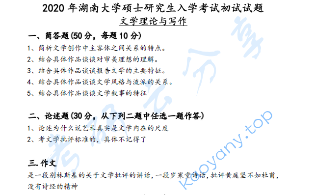 2020年湖南大学715文学理论与写作考研真题