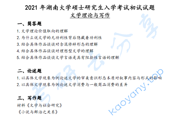 2021年湖南大学715文学理论与写作考研真题