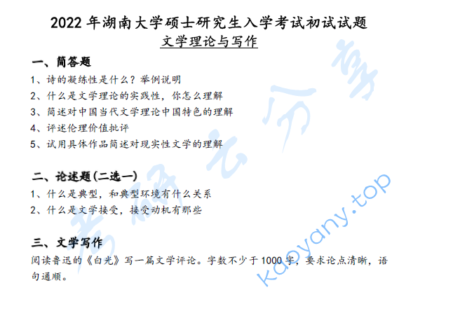 2022年湖南大学715文学理论与写作考研真题