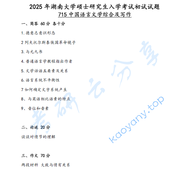 2025年湖南大学715中国语言文学综合及写作考研真题