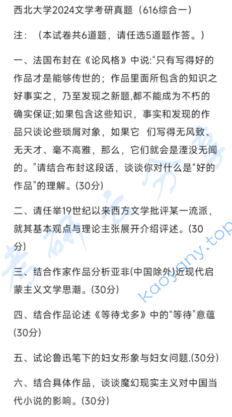 2024年西北大学616文学综合一（含文学理论与文学批评、比较文学与世界文学、中国现当代文学）考研真题