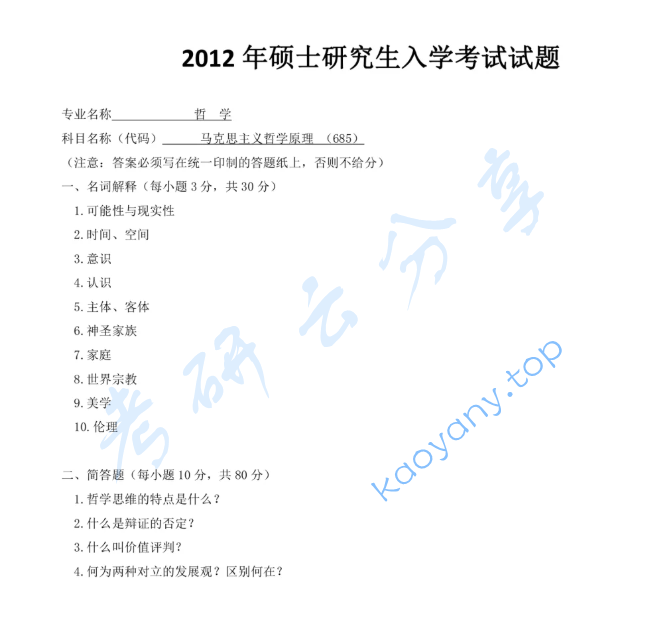 2012年上海师范大学685马克思主义哲学原理考研真题