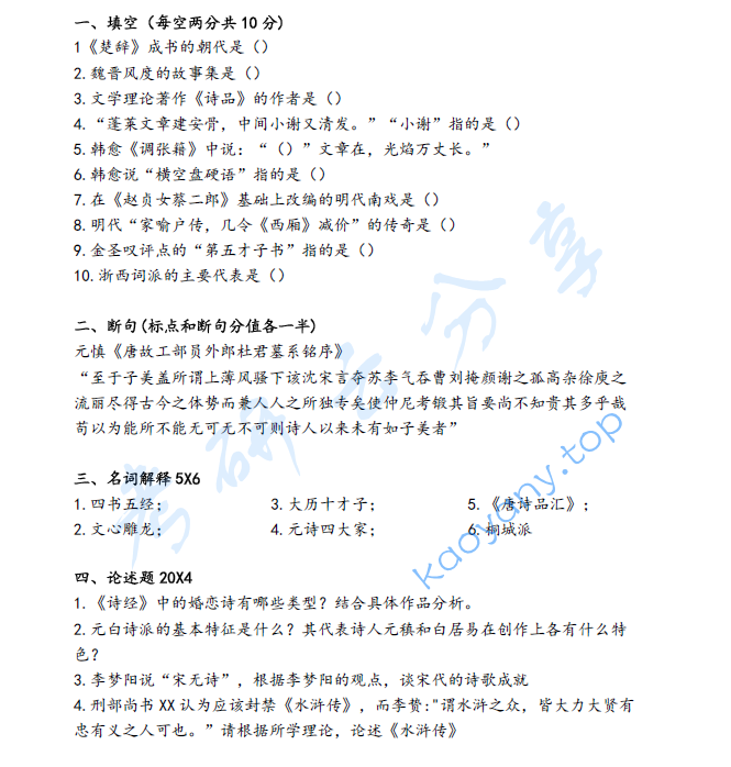 2024年上海师范大学631中国文学史考研真题