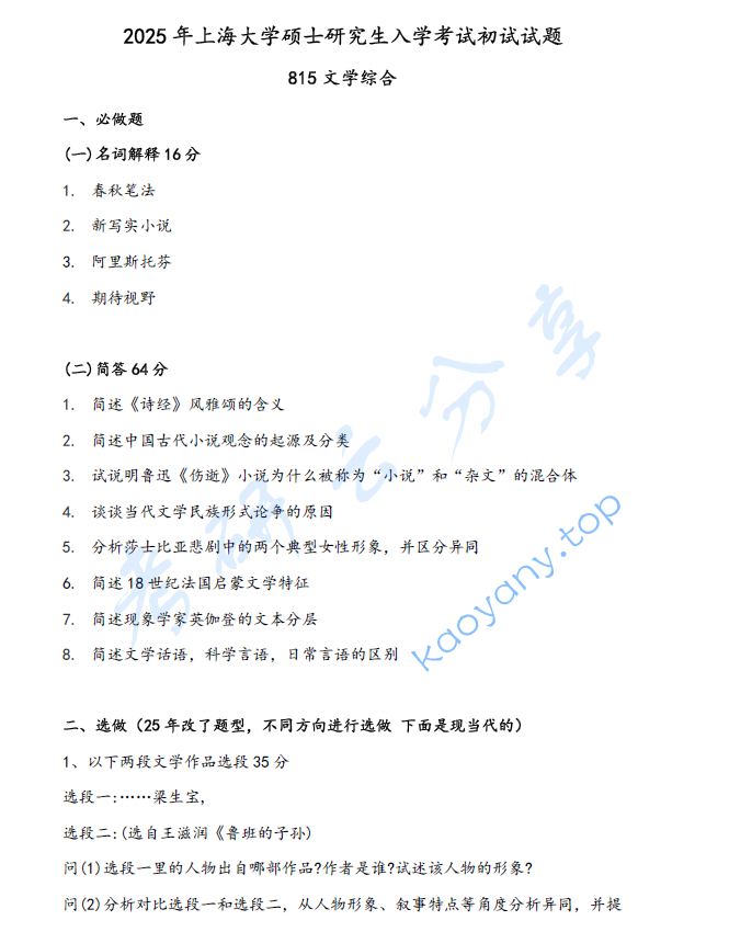 2025年上海大学815文学综合考研真题