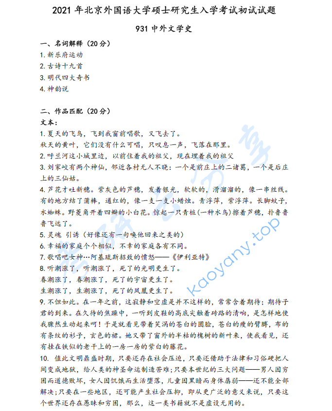 2021年北京外国语大学931中外文学史考研真题