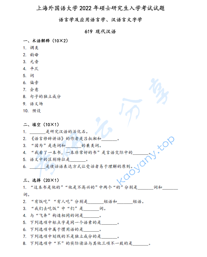 2022年上海外国语大学619现代汉语考研真题