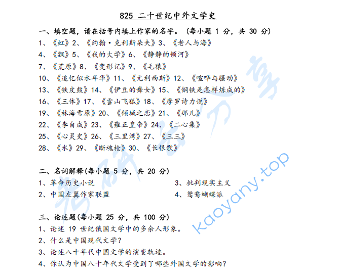 2019年海南大学825二十世纪中外文学史考研真题