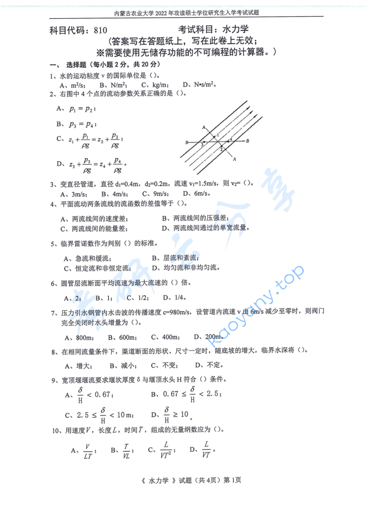 2022年内蒙古农业大学810水力学考研真题