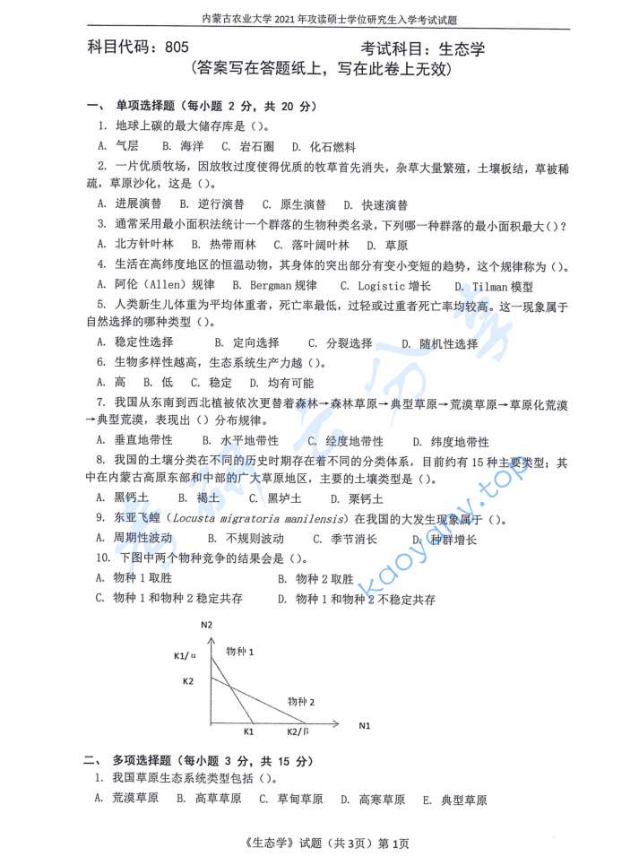 2021年内蒙古农业大学805生态学考研真题