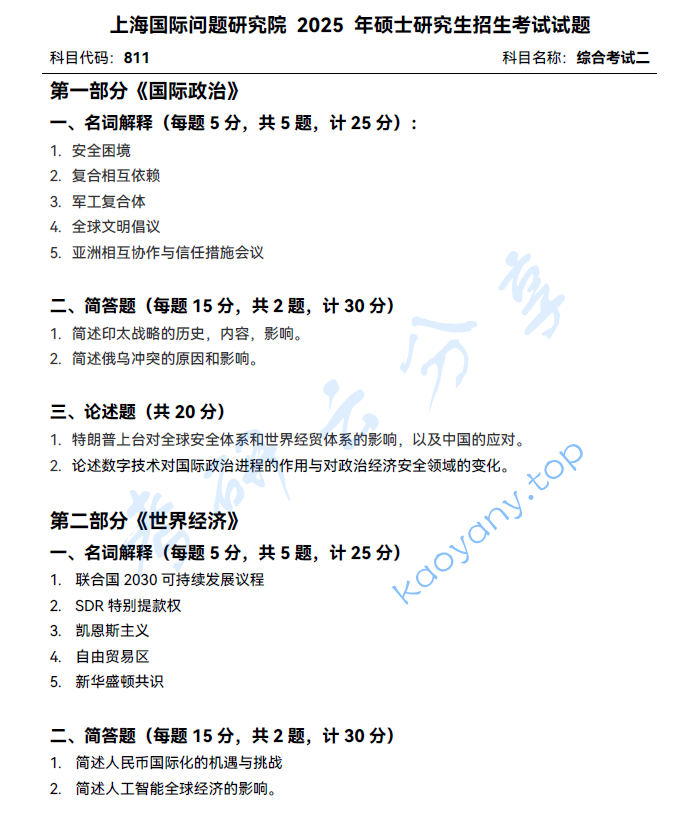 2025年上海国际问题研究院811综合考试二考研真题