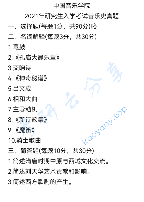 2021年中国音乐学院612中西音乐史考研真题