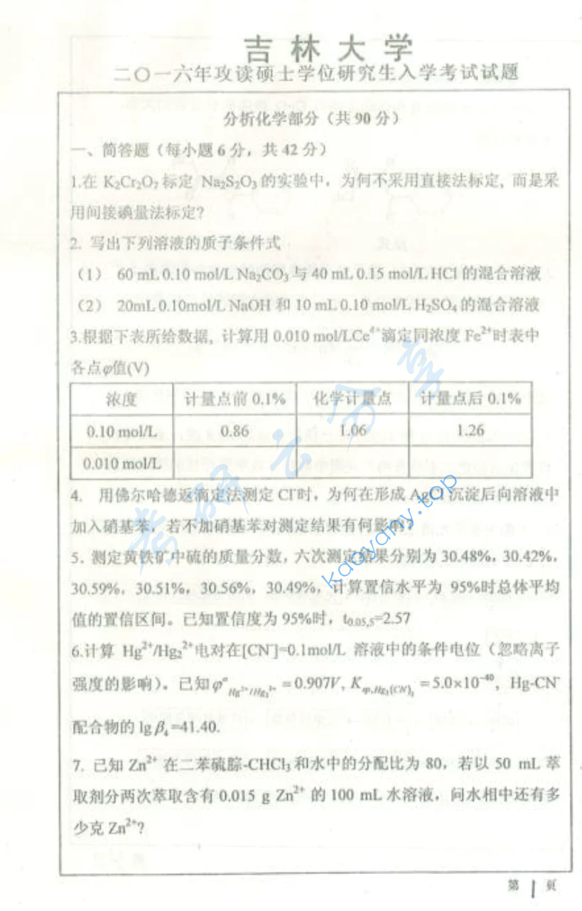 2016年吉林大学649分析化学（含仪器分析）考研真题