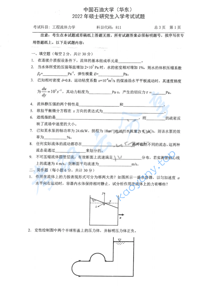 2022年中国石油大学（华东）811工程流体力学考研真题