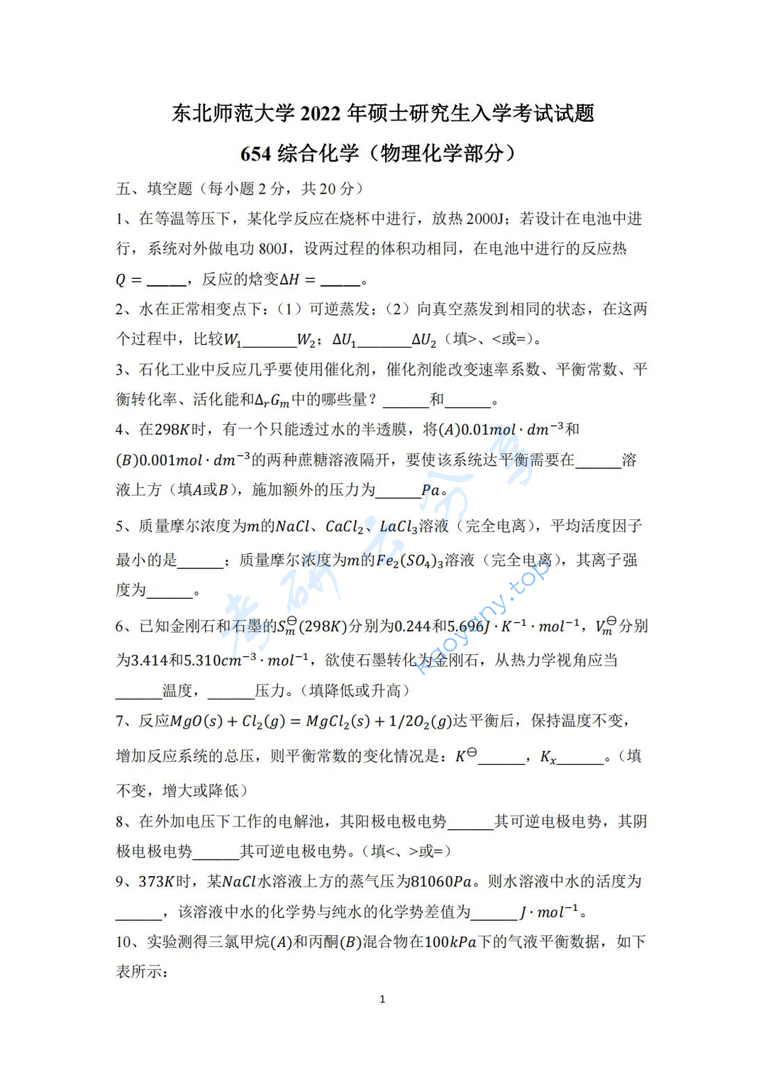 2022年东北师范大学654综合化学考研真题