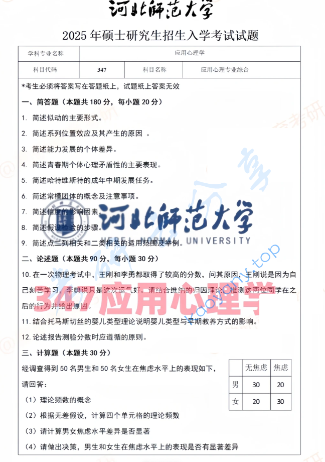 2025年河北师范大学347心理学专业综合考研真题