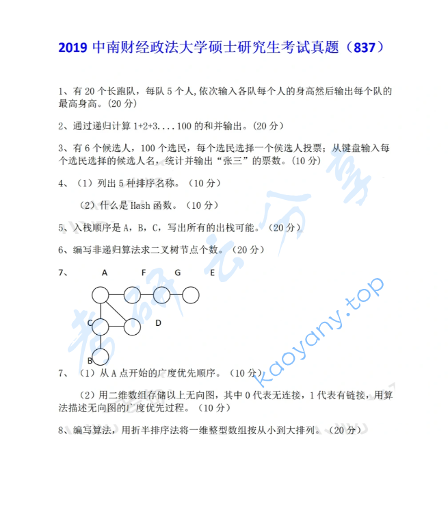 2019年中南财经政法大学837软件设计综合考研真题