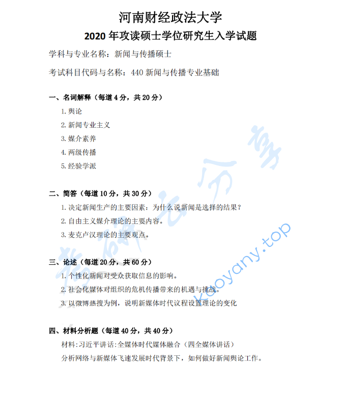 2020年河南财经政法大学440新闻与传播专业基础考研真题