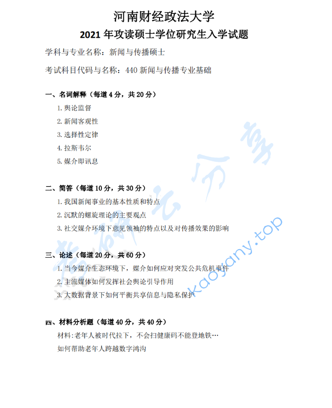 2021年河南财经政法大学440新闻与传播专业基础考研真题