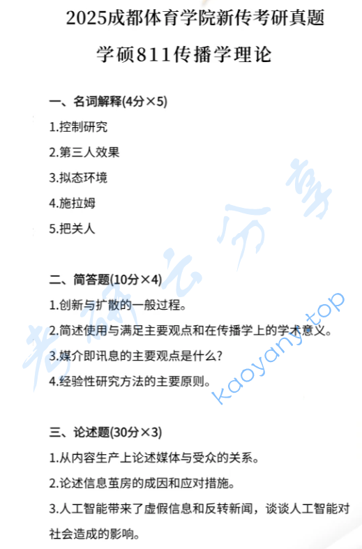 2025年成都体育学院811传播学理论考研真题