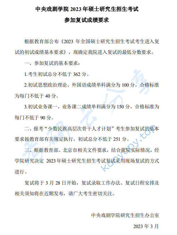 2023年中央戏剧学院复试分数线