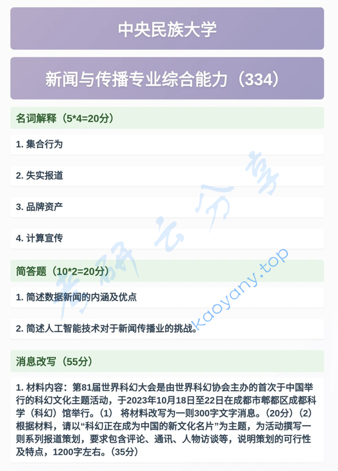 2026年中央民族大学334新闻与传播专业综合能力考研真题
