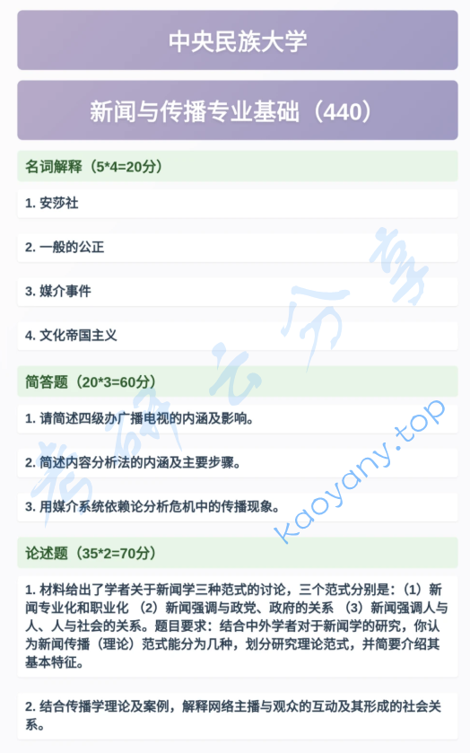2026年中央民族大学440新闻与传播专业基础考研真题